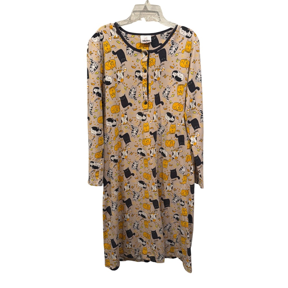 Sabrina Nightgown Tan Cat Print Long Sleeve Henley Cotton Sleep Dress Medium